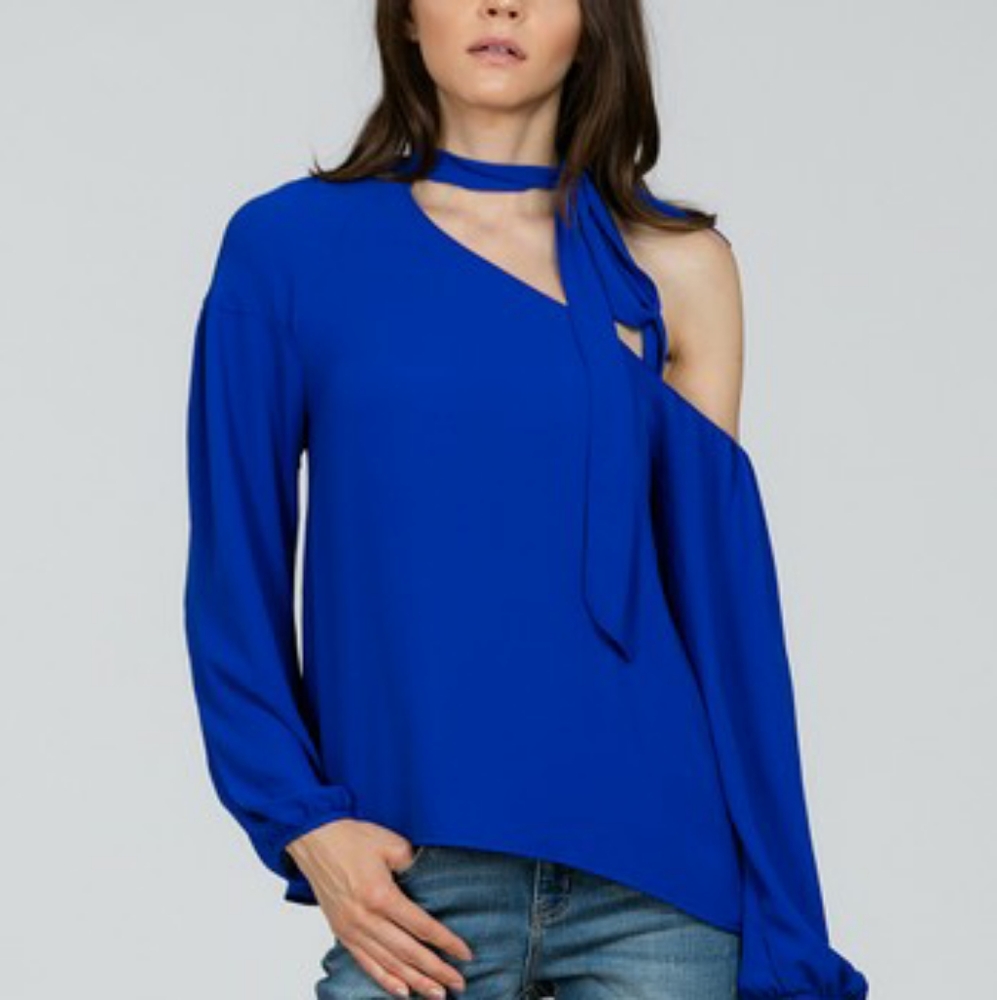 Royal Blue Tie Accent One Shoulder Top
